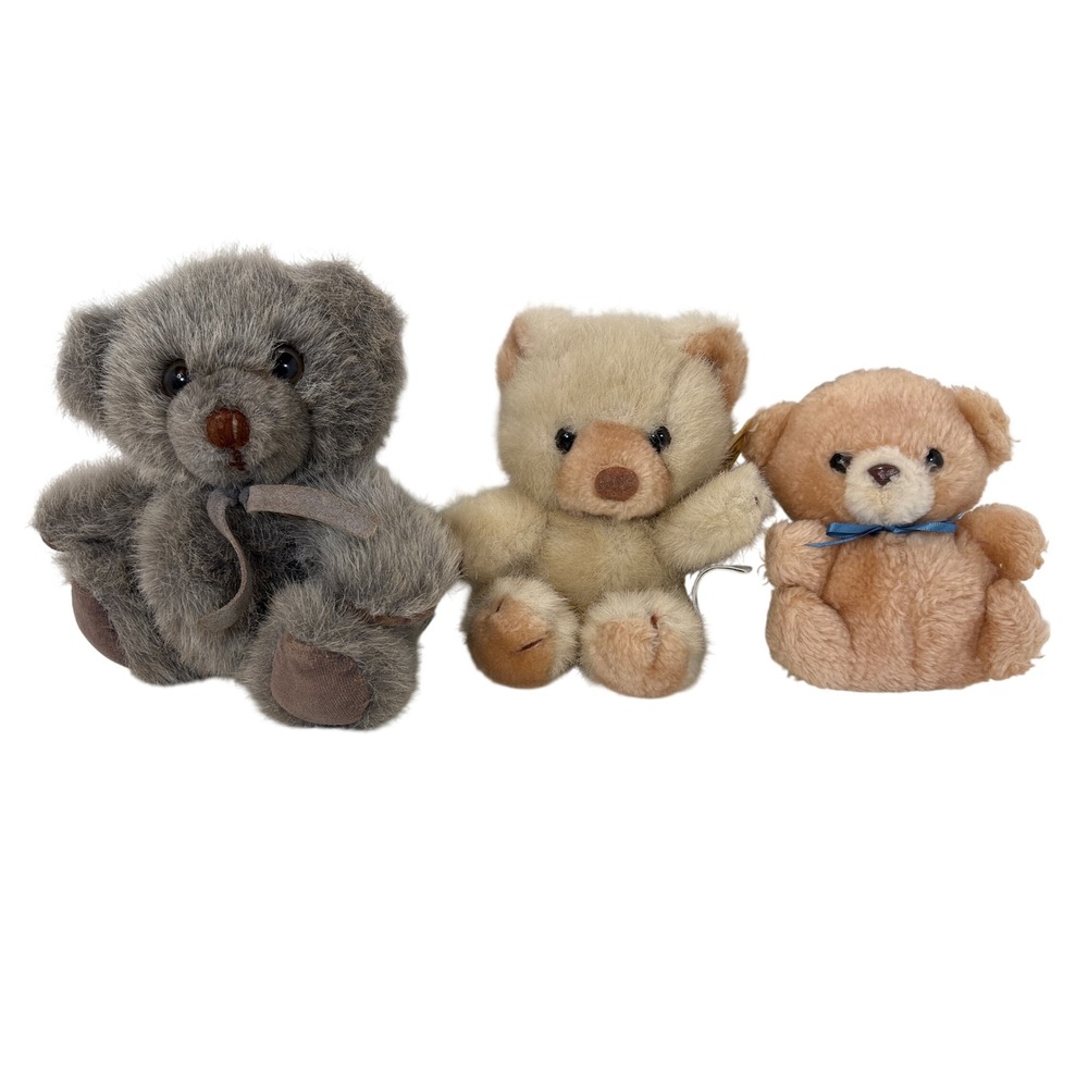 Vintage Russ Berrie Mini Teddy Bear Trio: Tuff Teddy, Peach, Gray (1980s-90s)